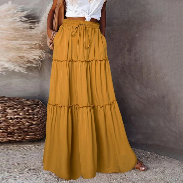 Jupe longue plissee a volants taille haute pour femmes jupe maxi panneau superpose ligne A vintage boheme fete vacances AliExpress