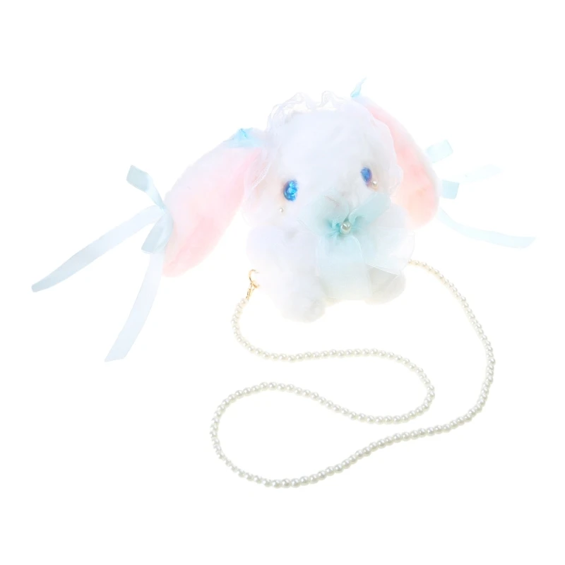 E74B Soft Crossbody Bag Rabbit Shaped Shoulder Purse for Women Plush Lace for Doll Bags with Beaded Strap