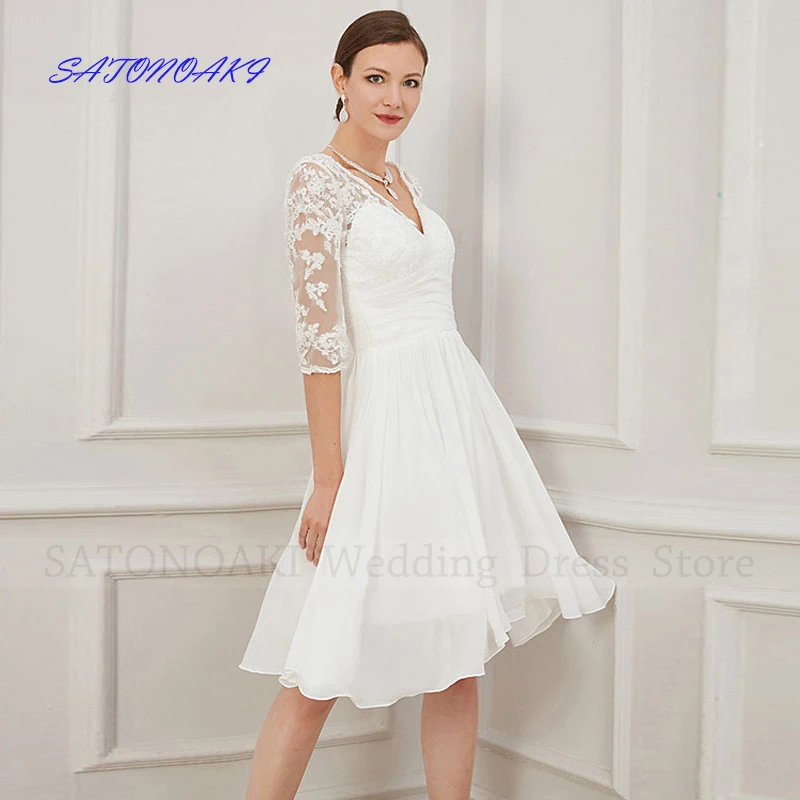 

Elegant Lace Chiffon Short Wedding Dress for Bride V-neck Backless Knee Length Appliques Party Bride Gowns Vestidos De Novia