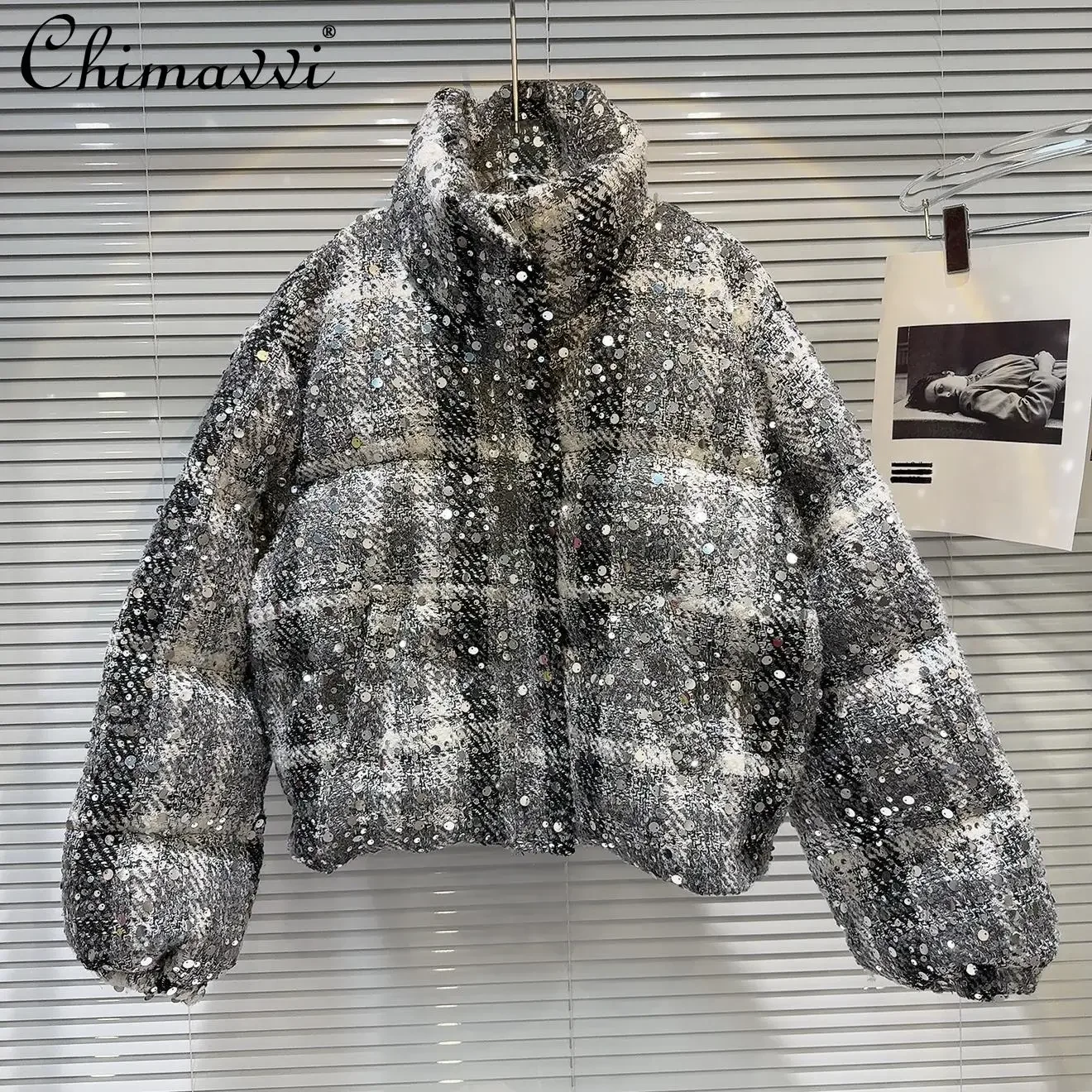 2024 Winter New Heavy Industry Sequined Tweed Warm Down Jacket Loose High Street Long Sleeve Temperament Women's Jacket Coat