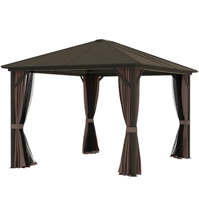 

Outsunny 10' x 12' Hardtop Gazebo with Curtains and Netting, Gazebo Canopy with Aluminum Frame and Hooks, Coffee