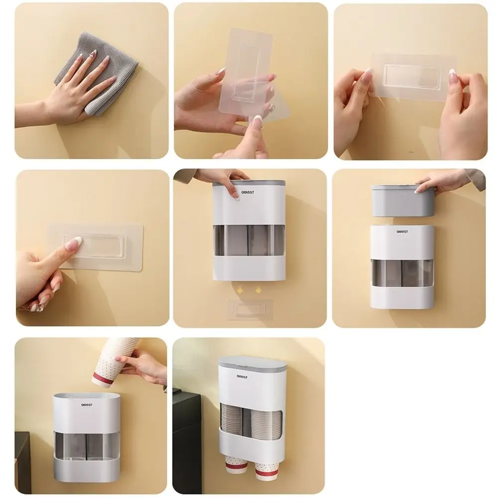 Plastic Double Tube Cup Dispense Transparent Self Adhesive Paper Cup Dispenser with Lid Dustproof Disposable Cups Holder