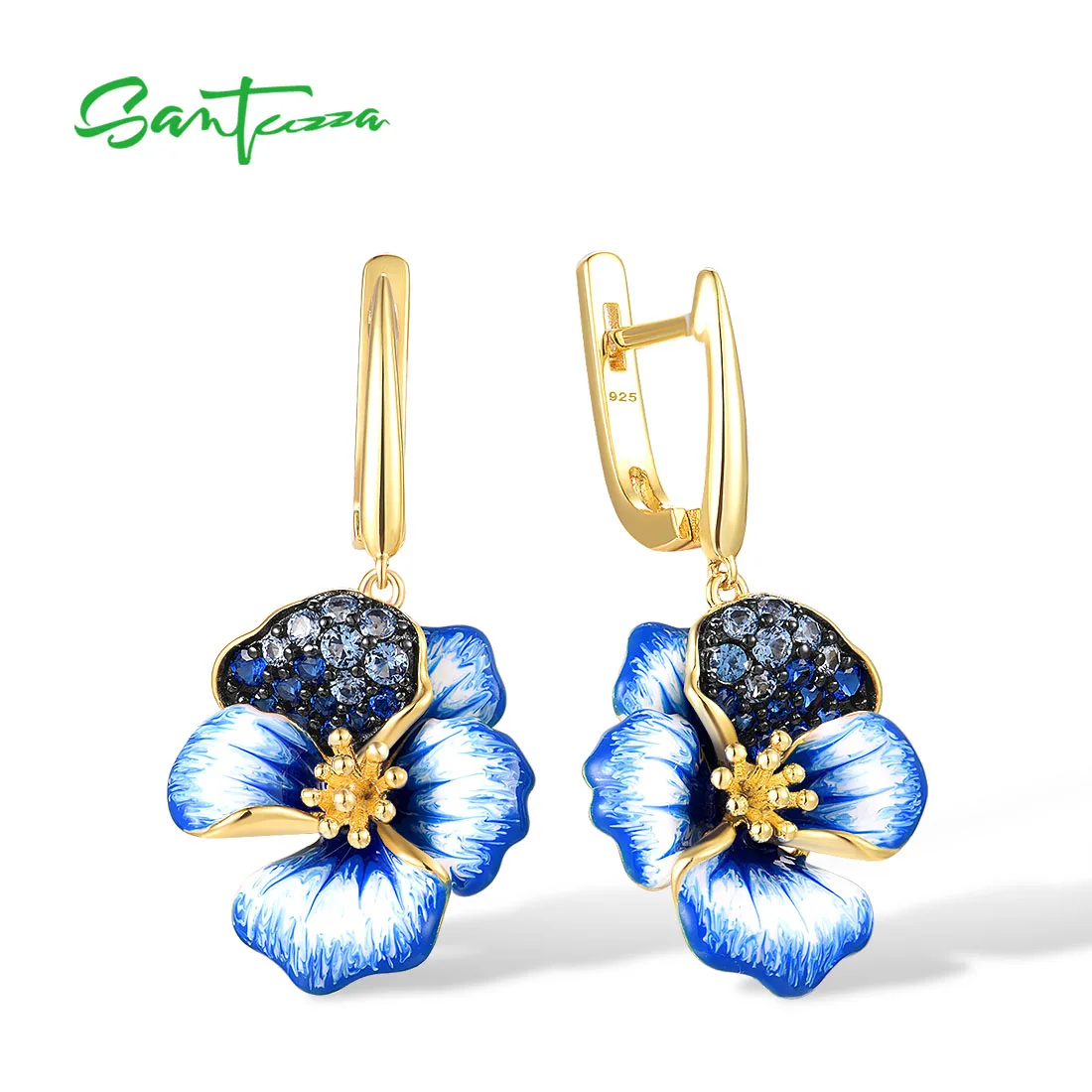 SANTUZZA Real 925 Sterling Silver Earrings For Women Sparkling Blue Spinel Gold Plated Enamel Flower Dangling Fine Chic Jewelry