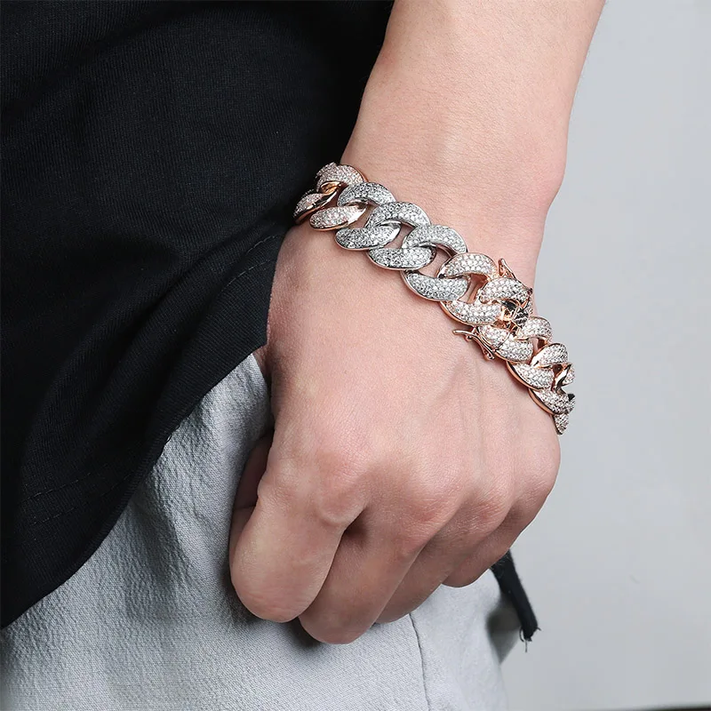 JINAO New 18MM Maimi Cuban Link Chain Bracelet Silver&Rose Color Iced Out Cubic Zircon Hip Hop Jewelry For Men Women Gift