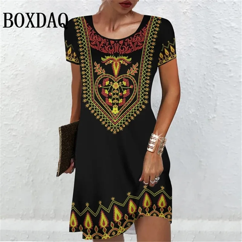 Women'S Short Sleeve Dresses Summer Women Clothing Vintage Flower Print Fashion A-Line Dress Casual Lady Loose Plus Size Dresses