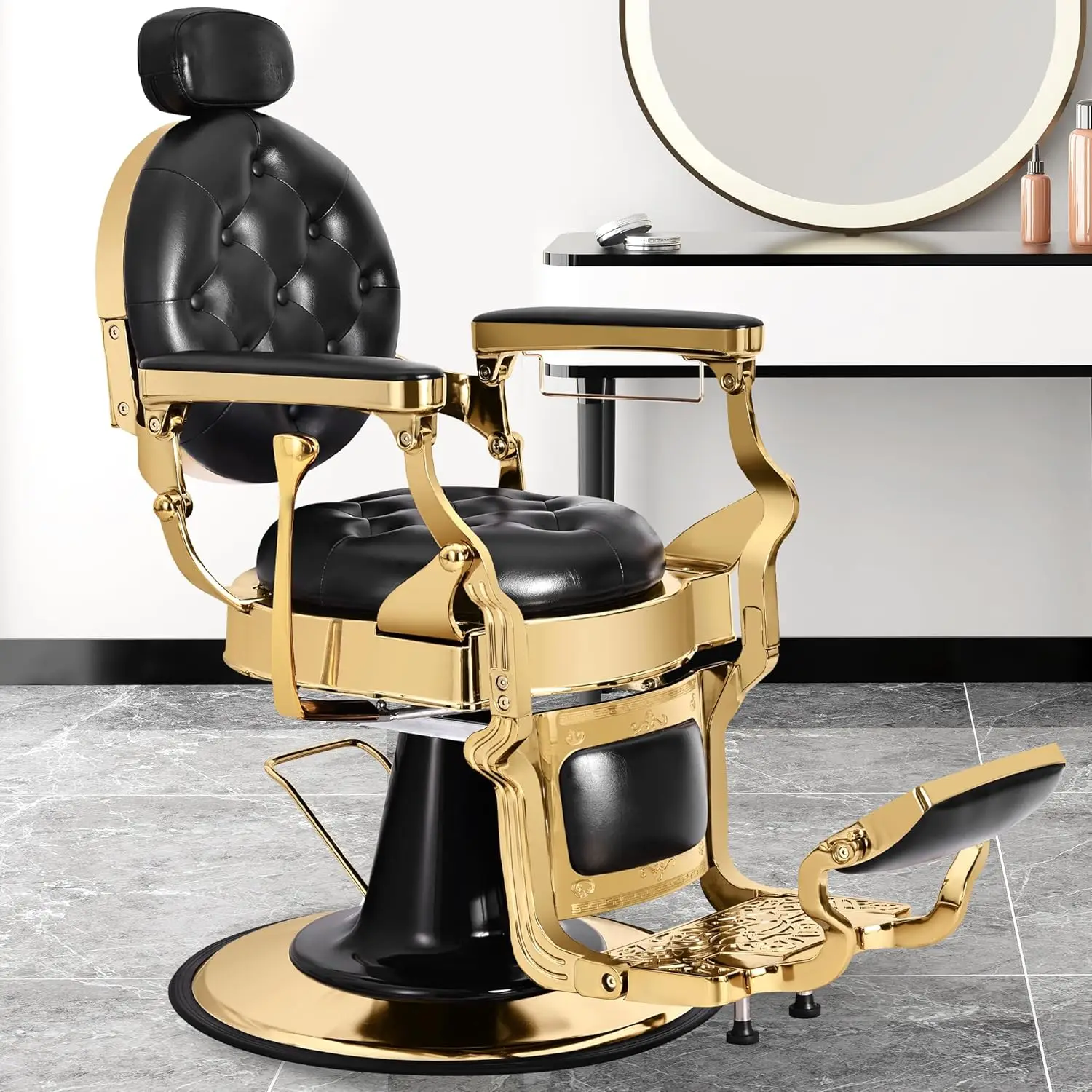 

Heavy Duty Recline Hair Barber Chair for Barbershop with Removable Headrest, Supports up to 550lbs & 360° Swivel, Black Gold