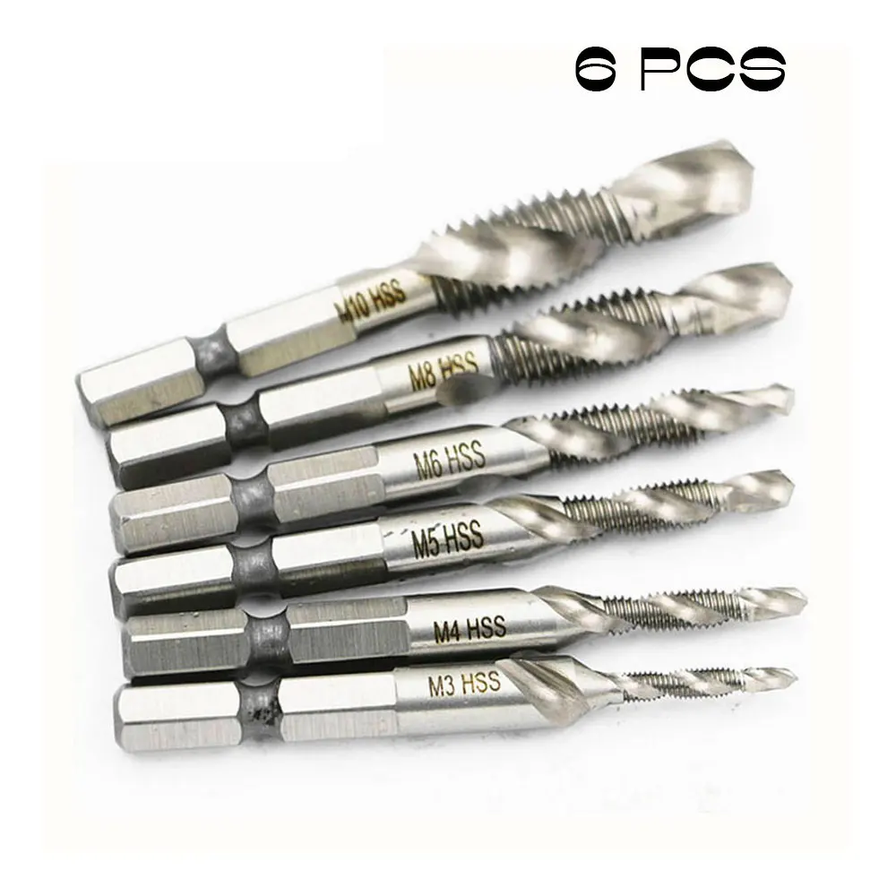 6Pcs Titanium HSS Combination Drill Tap Bit Countersink Hex Shank M3-M10