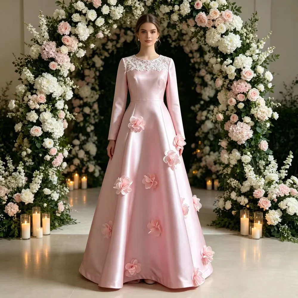 Modest light pink maxi gown with round neck and long sleeves, decorated with 3D floral appliques. Custom size & color available.