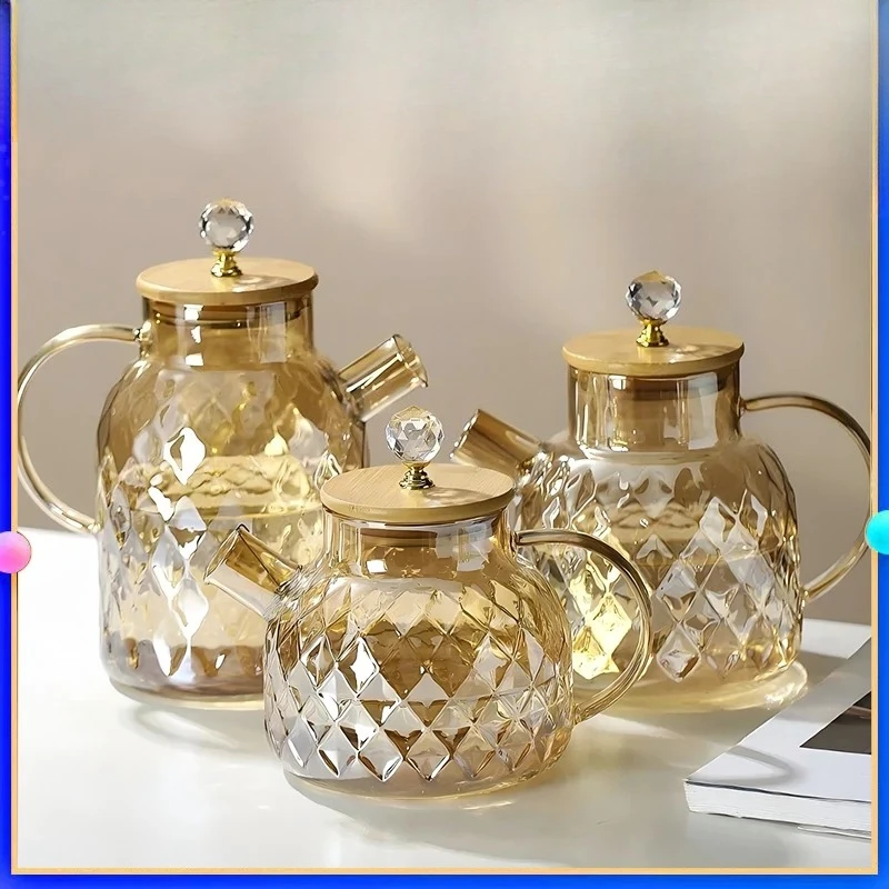 

Стеклянный чайник 1/1,5/1,8 л с бамбуковой крышкой, янтарный цвет, алмазный холодный чайник, термостойкий горшок для листового фруктового ароматного чая