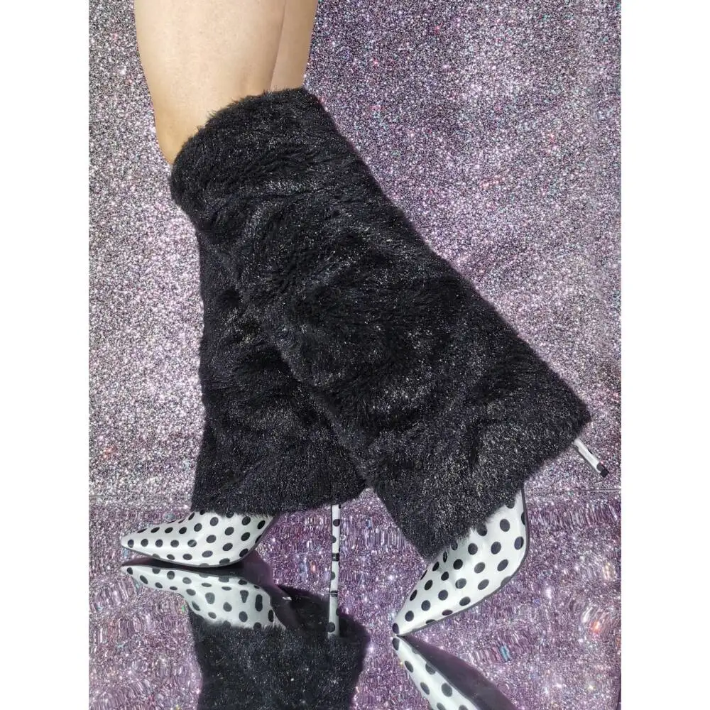 

Polka Dot Pointed Toe Shark Boots 2025 New Winter Women Black Velvet Warm Knee-High Boots Thin Heel Fashion Catwalk Boots