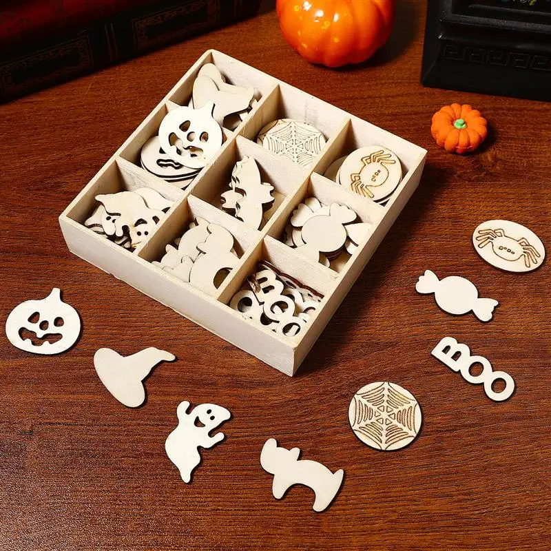 72Pcs Halloween Ghost Pumpkin Bat Spider Witch Hat Decoration Blank Wood Chip Can Be Painted Nine Squares Box Halloween Decors