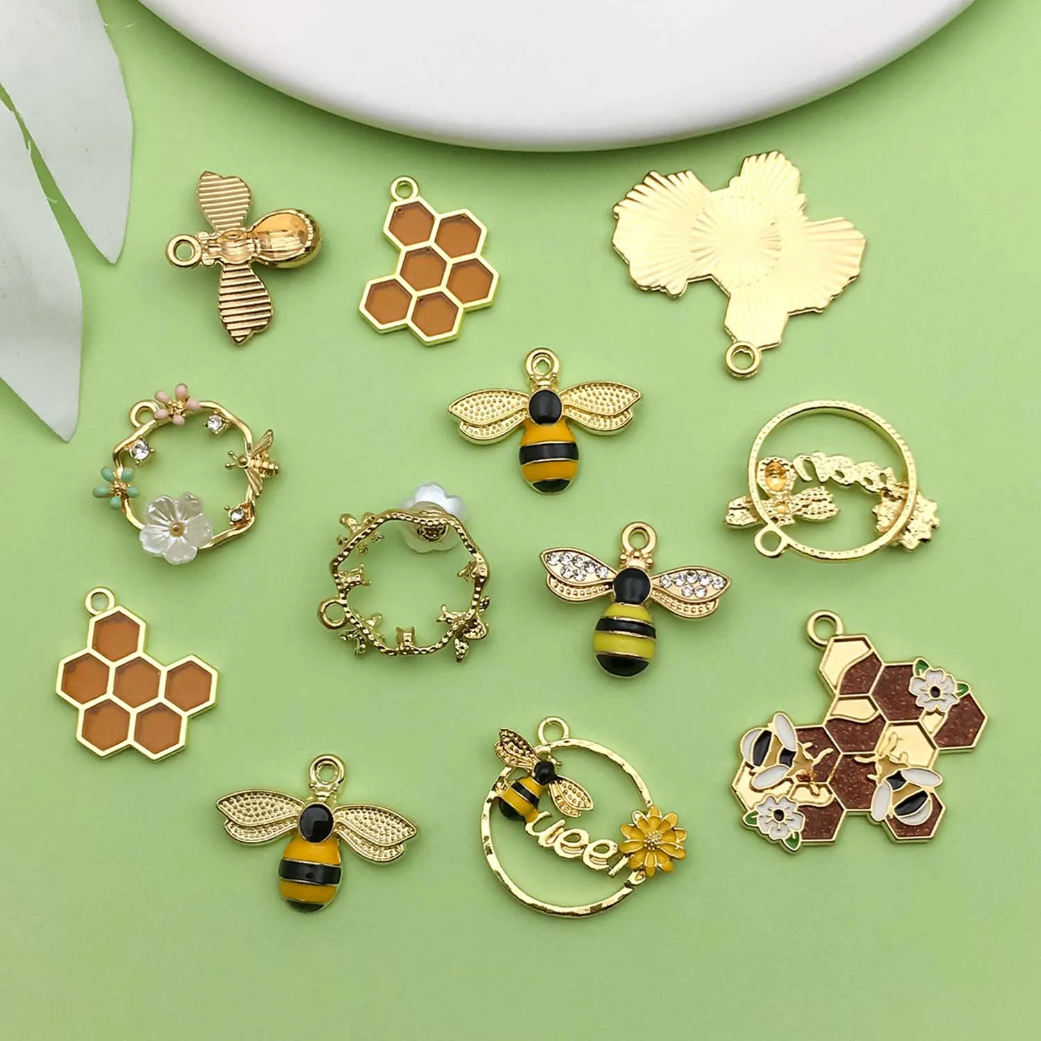 10/12pcs Enamel Bee, Flower, Honeycomb Charms Alloy Insect, Plant Pendants for DIY Bracelet Necklace Jewelry Making Accessories