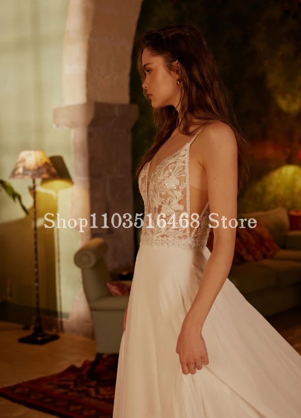 Gaun pernikahan seksi 2024 elegan tali Spaghetti Applique Bohemian Satin panjang lantai gaun pengantin Vestidos Para Mujer