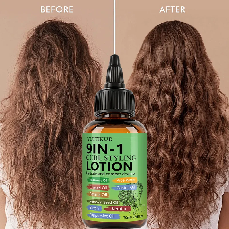 70ml 9 In 1 Curl Styling Lotion Rice Water Keratin Biotin Blend Hydrate Moisturize Dry Curly Hair Defining Hair Care Serum