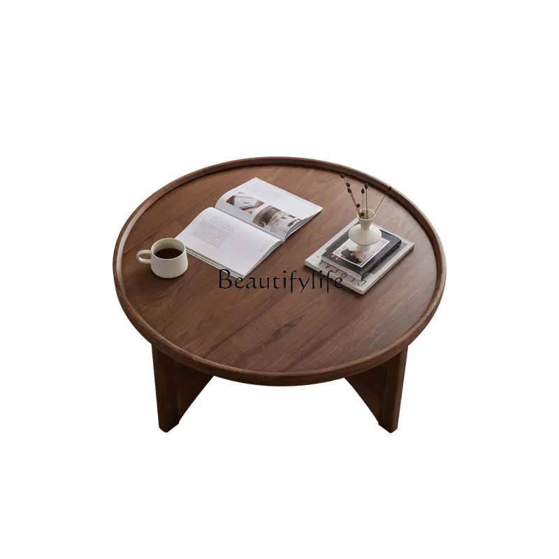 

North American black walnut modern simple solid wood round small apartment coffee table Chinese retro storage tea table