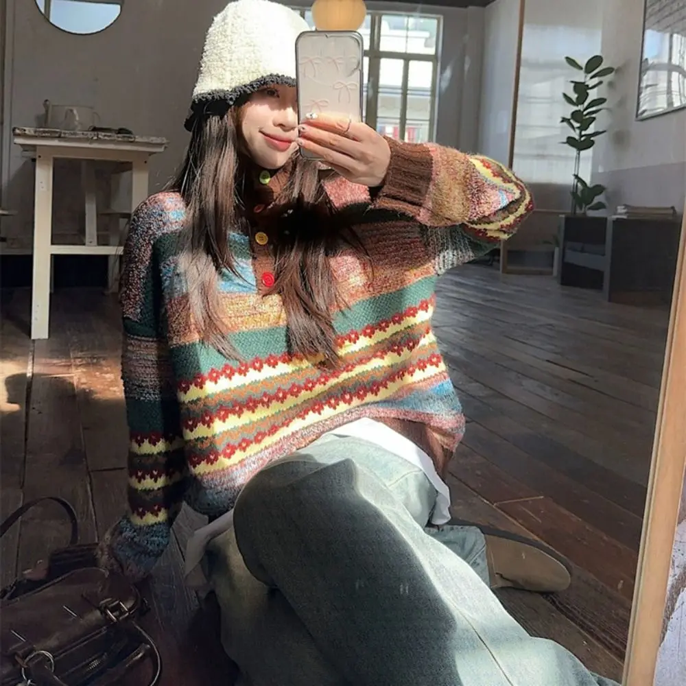 Long Sleeve Knit Sweater Women Loose Soft Sweet Girl's Pullover Retro Sweet Colorfult Crochet Knitwear Spring/Winter