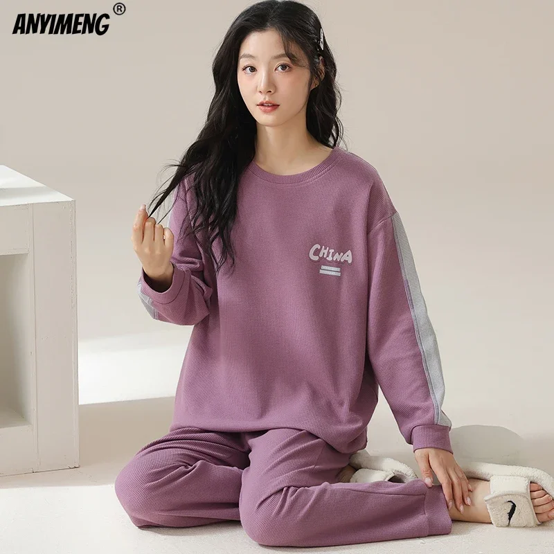 New Autumn Winter Waffle Cotton Pajamas for Women Long Sleeves Sleepwear Casual Sports Pijamas O-neck Woman Loungewear