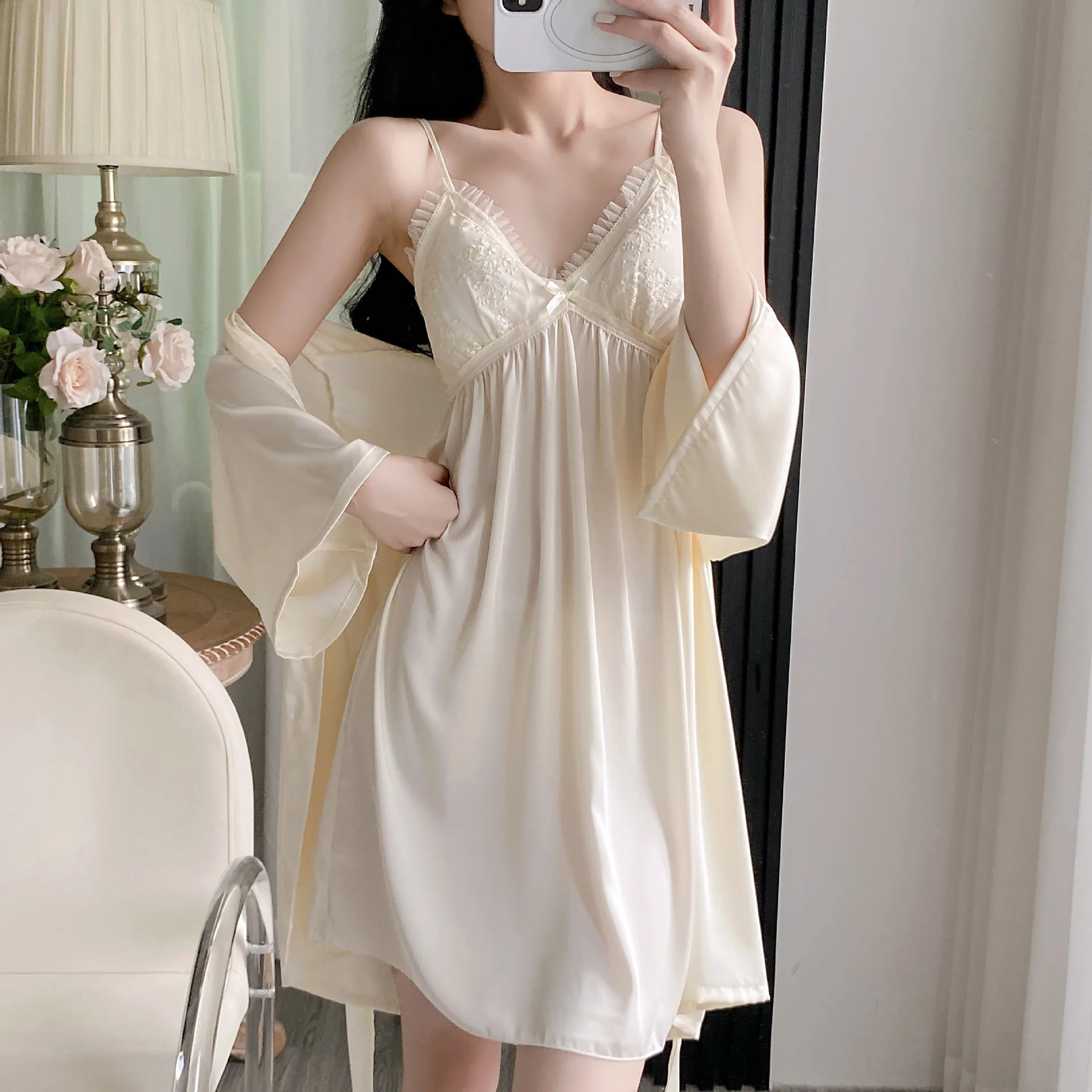 

Lace Trim Suspender Nightgown Sleepwear Sexy Female Nighty&robe Set Lounge Wear Lingerie Loose Casual Silky Satin Home Dress