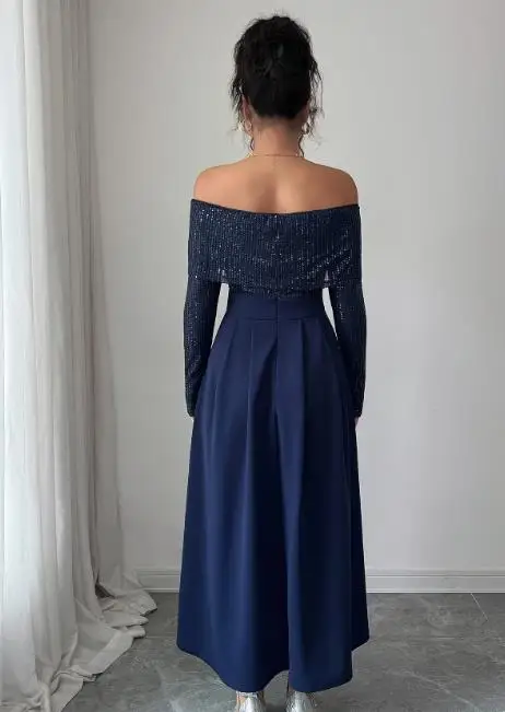 

Womens Dresses 2025 Spring Autumn Elegant Splicing Long Sleeve Off Shoulder High Waist Casual Daily A-Line Long Dress