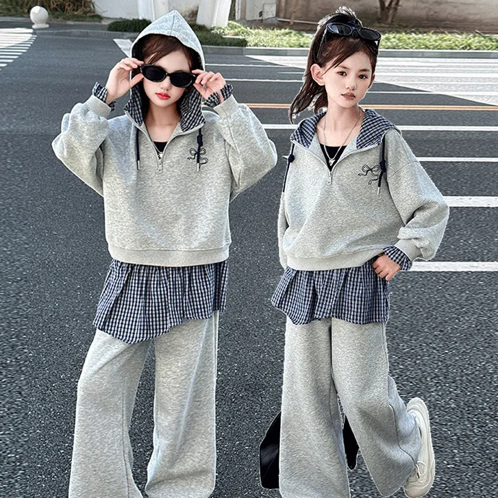 

Kids Girls Autumn Sets Bowknot Printed Hooded Sweatshirt+Patchwork Elastic Waist Baby Girls Sets Children Girls Two-piece Sets