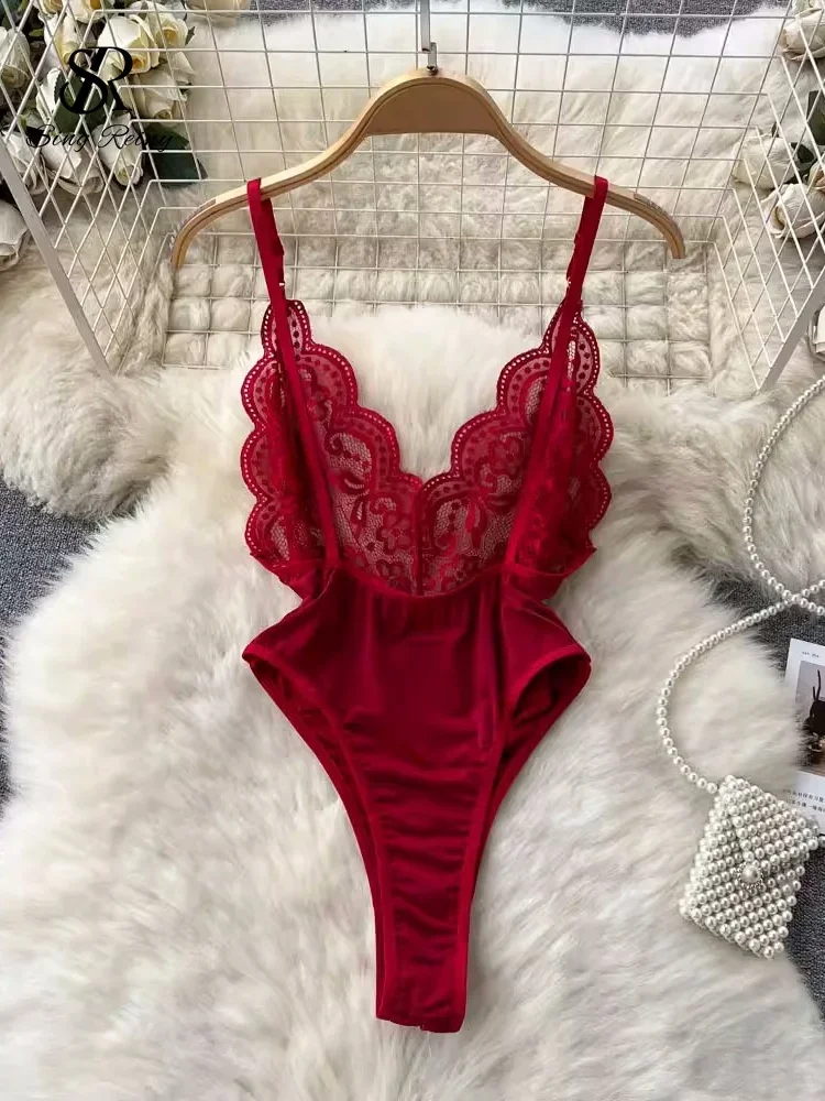 Camicie senza maniche Tute sexy in pizzo Donna Lingerie sottile senza schienale Pagliaccetti trasparenti Summer Night Club Tute erotiche