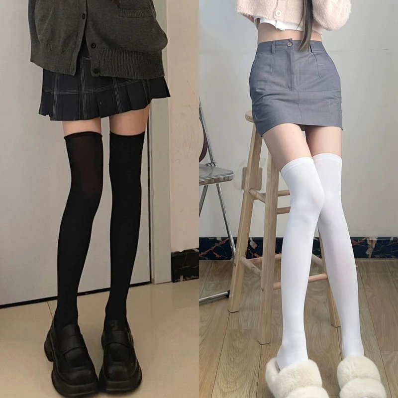 Solid Color Lolita Long Stockings JK Women Girls Cute Black White Tights Over Knee Thigh High Socks Cosplay Sexy Nylon Stockings