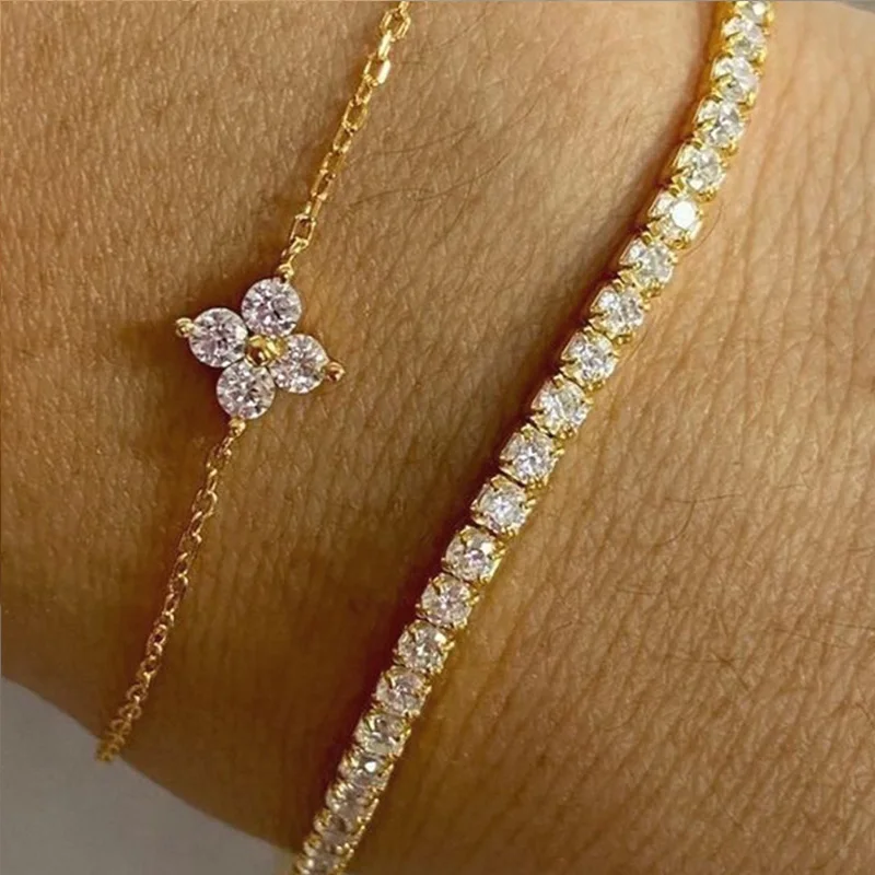 2er-Set Stapelbare Armbänder aus Edelstahl mit Kleeblatt-Design für Damen, Glänzendes Zirkonia-Tennisarmband-Set, Eleganter Schmuck – Detail 6