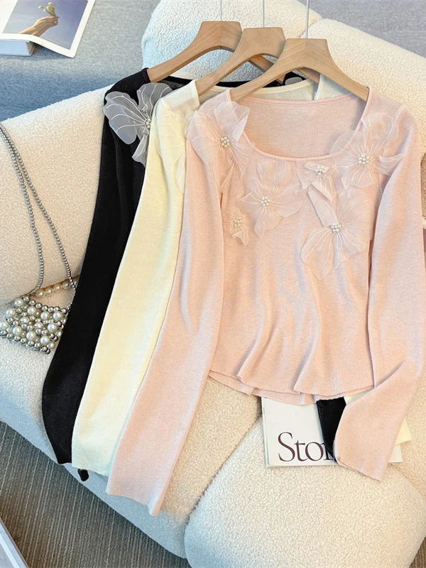 

Трикотаж больших размеров с квадратным воротником, женский базовый слой, топ, милый молодежный цветочный 3D дизайн, повседневный Sle Long Sve, смесь хлопка