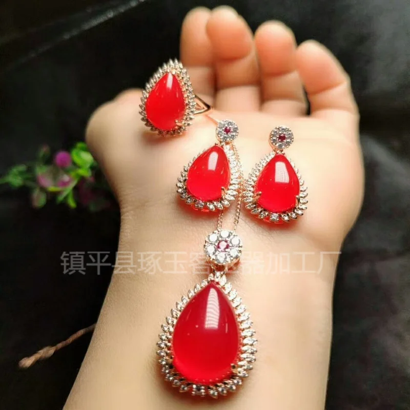 Chalcedony S925 Silver Plated Inlaid Women'S Three-Piece Set Jade Pendant Ornament