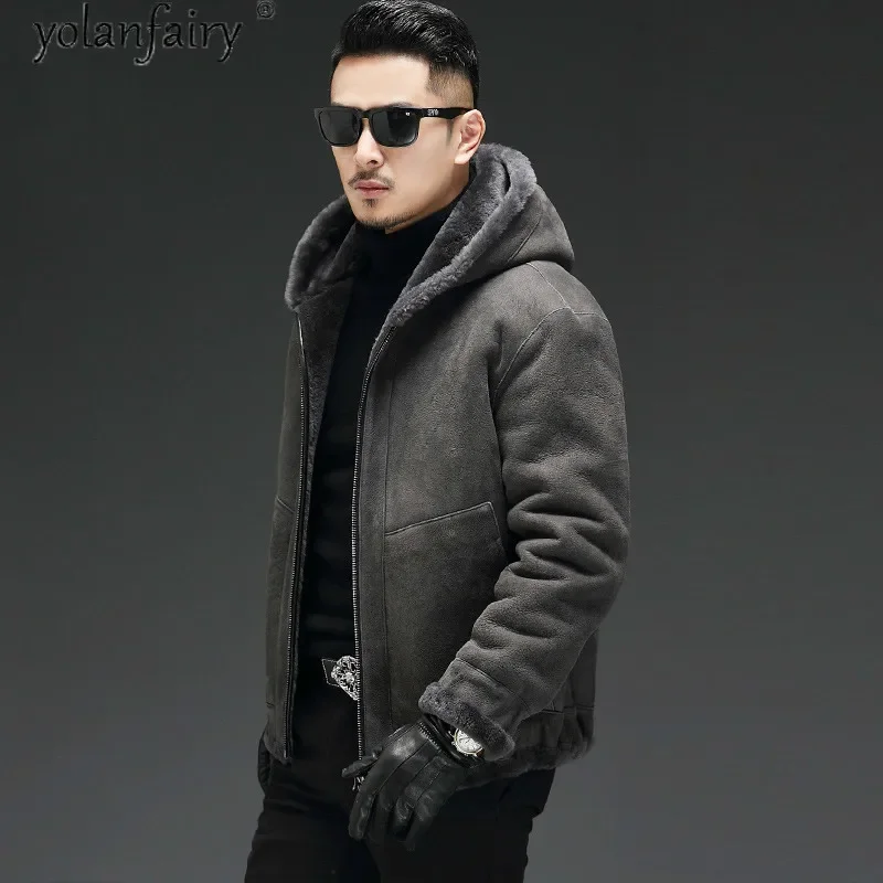 Winter Warm Hooded Reversible Jacket Men Real Fur Coat Hooded Naturacl Sheep Shearling Fur Coats  Man's Genuine Leather Jackets