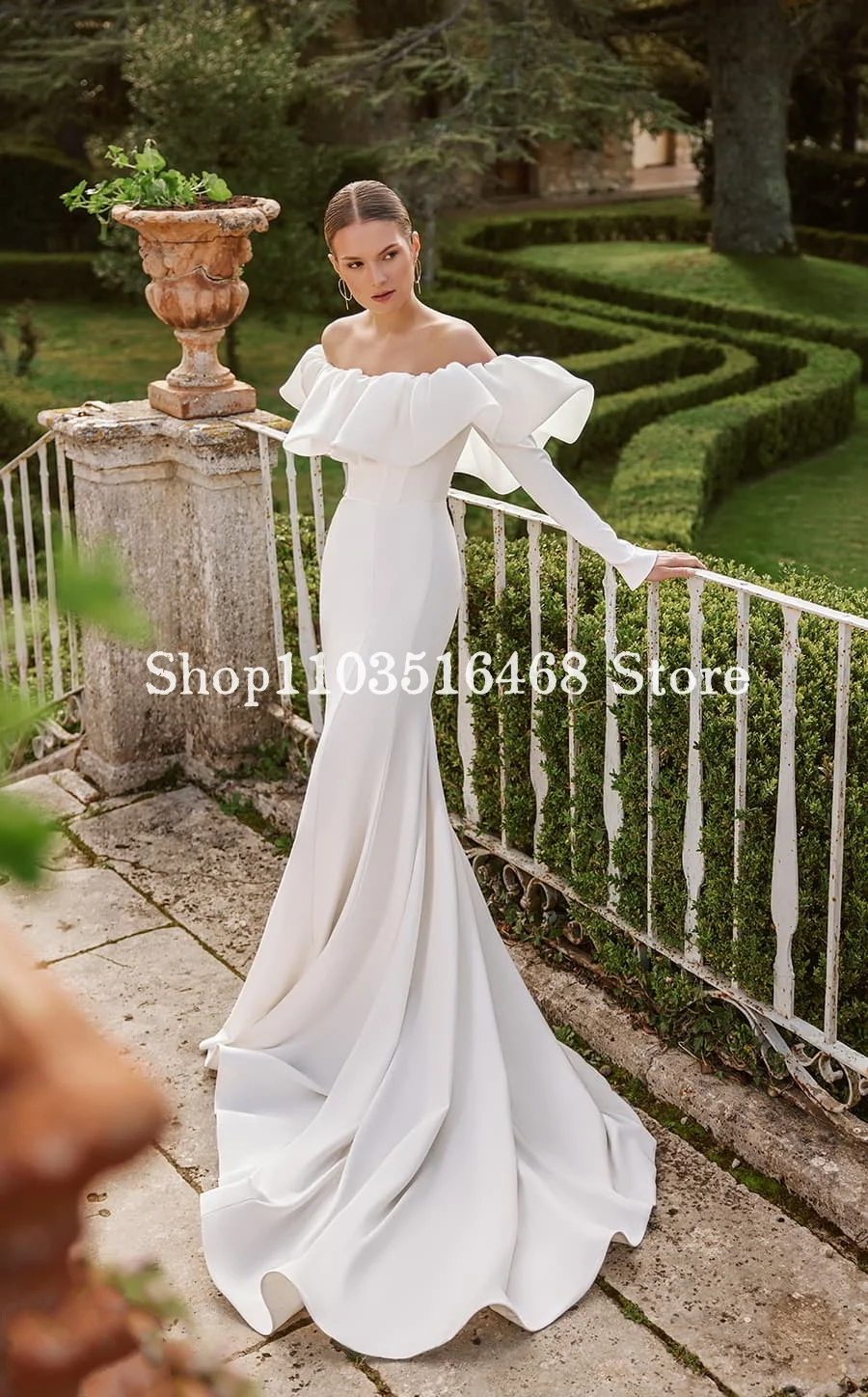 One Shoulder Satin Mermaid Wedding Dress 2024 For Women Elegant Long Sleeve Pleated Mermaid Tight Formal Wedding Dresses