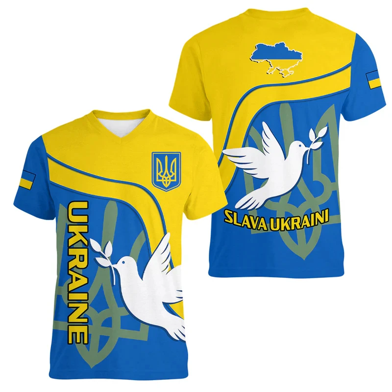 UKRAINE Men's T-Shirt Summer Short Sleeve Ukraine UK National Emblem Flag 3D Print Fashion V Neck Pullover Shirt Men's Clothing