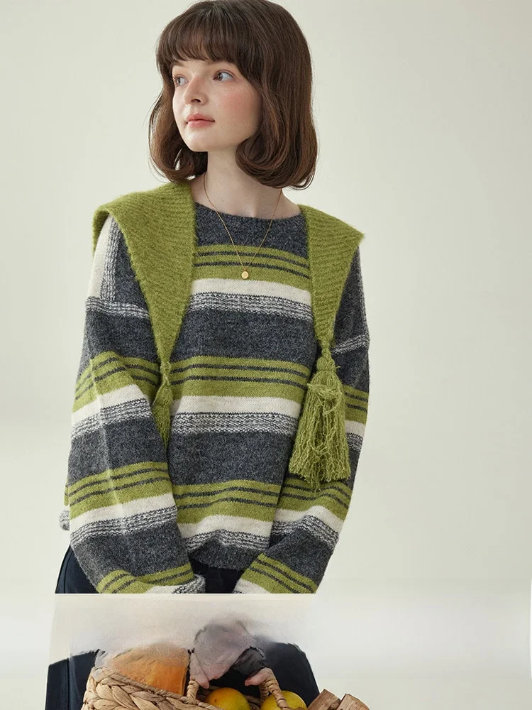 

AMUU North Island Women's Green Striped Woolen Sweater Shoulder Wrap Long Sleeve Fashionable Winter New Arrival Casual Style