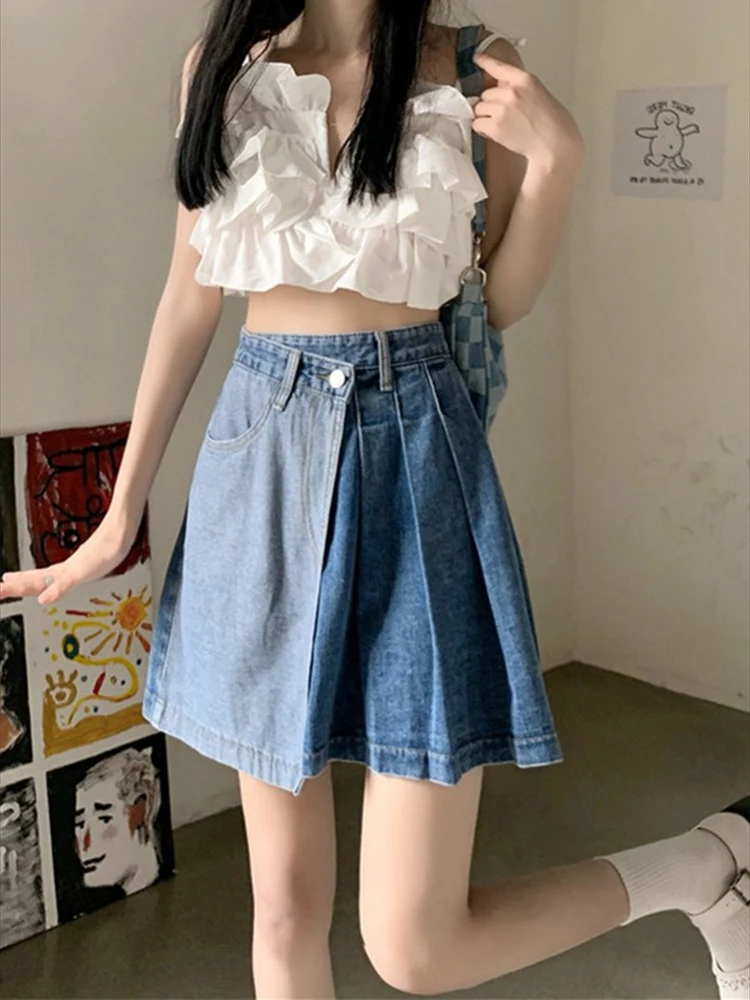 Korean Style plus Size Loose Fit Color Block Pleated Ultra Short Skirt Women's Spring Summer High Waist Denim Mini Skirt