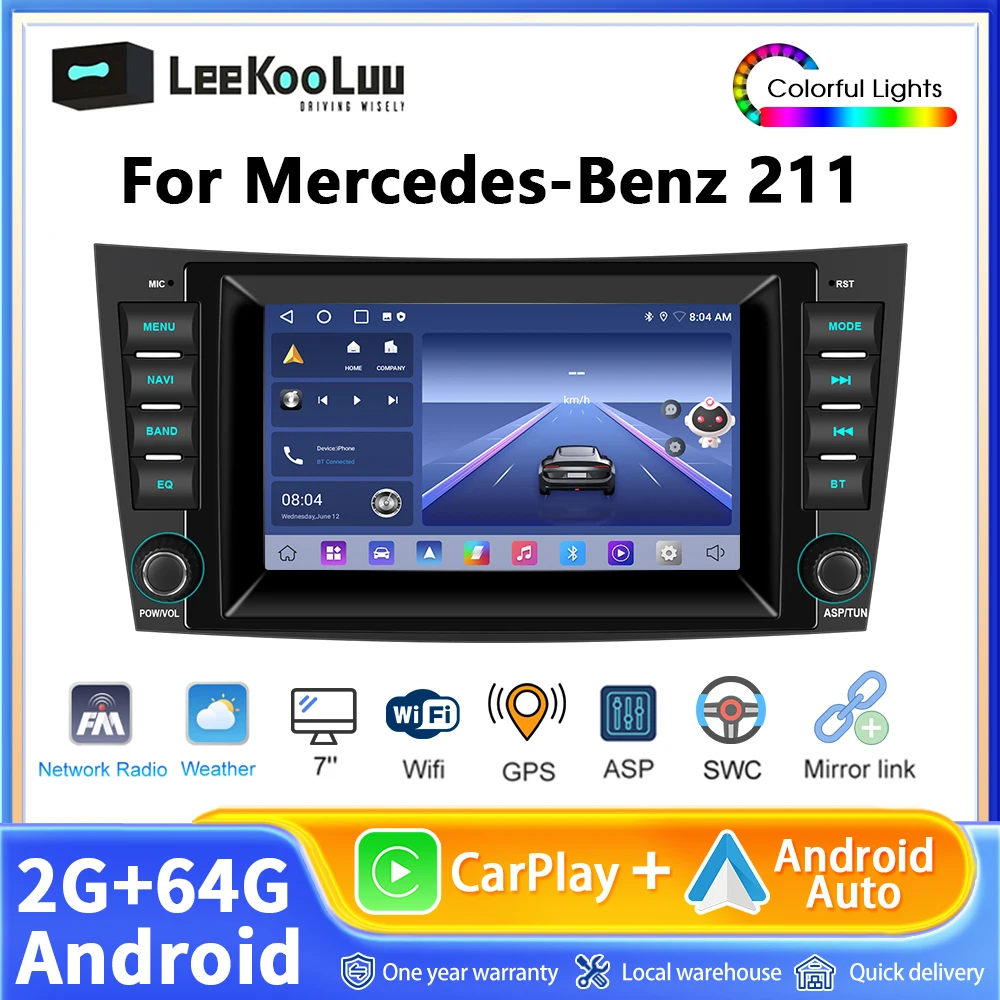 Leekooluu 2 + 64G 7 pouces sans fil Carplay Android Auto pour Mercedes Benz classe E W211 W219 autoradio GPS Navigation WIFI RDS stéréo