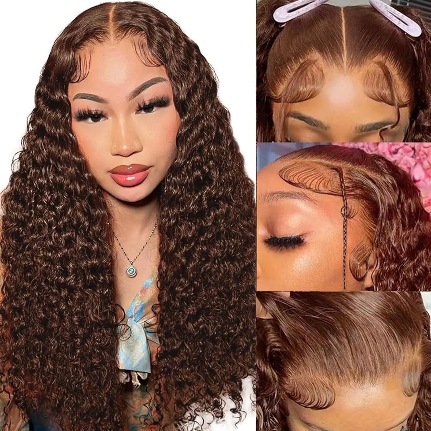 

Chocolate Brown Curly Wigs 13x6 HD Lace Front Wig Human Hair 40 30 Inch Deep Wave Reddish Brown Colored Wig #4 Preplucked