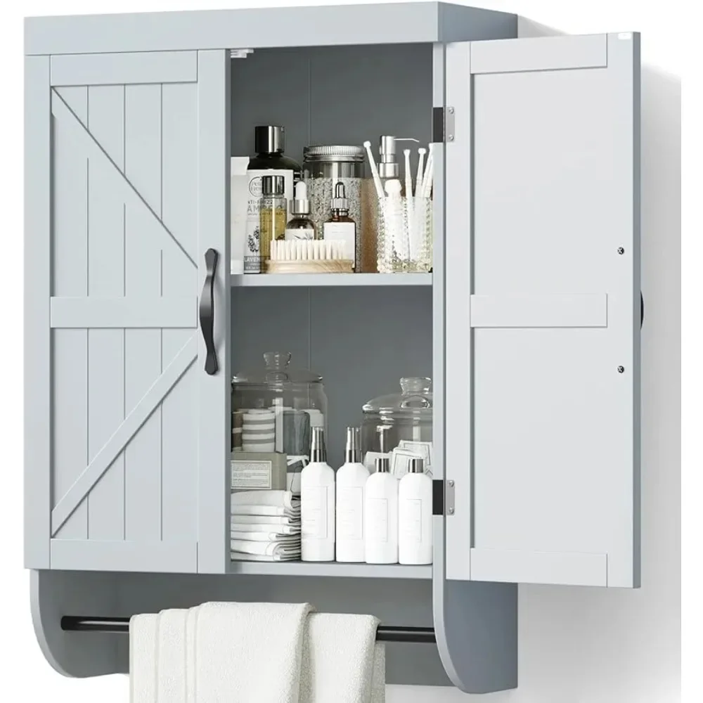 

Bathroom Storage Wall Cabinet Over The Toilet with Adjustable Shelf, Space Saver 2-Door Medicine Cabinet with Metal Bar, Gray