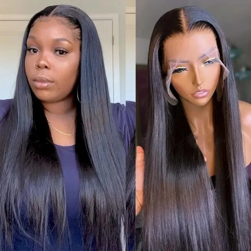 Long Heat resistant Lace front wig Synthetic hair Straight Black Wigs T part