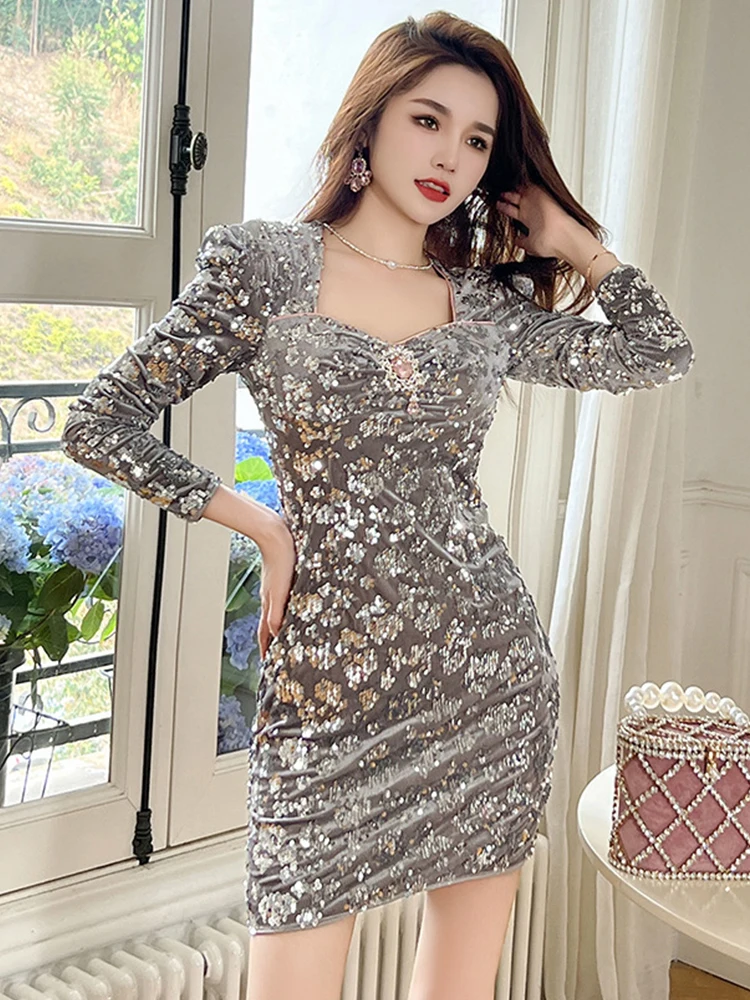 Robe de bal Vintage élégante en velours gris pour femmes, paillettes brillantes, diamant rose, manches longues, moulante, Mini robe de soirée, Club