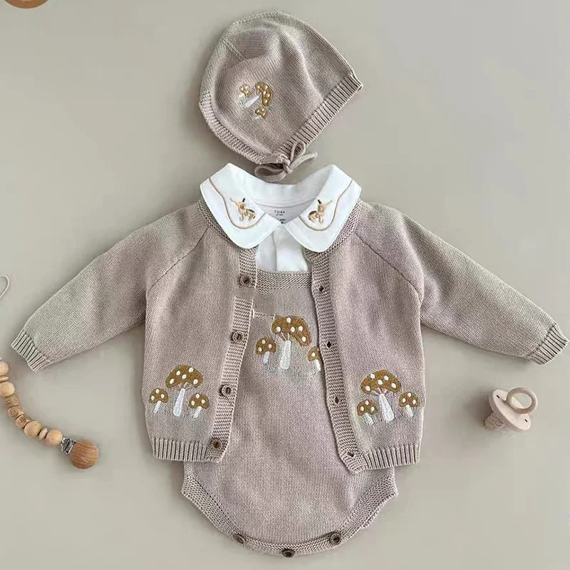 Autumn Toddler Baby Girl Knitting Clothes Suit Infant Baby Girls Knitted Clothing Set Embroidery Mushroom Cardigan+Jumpsuit 2PCS