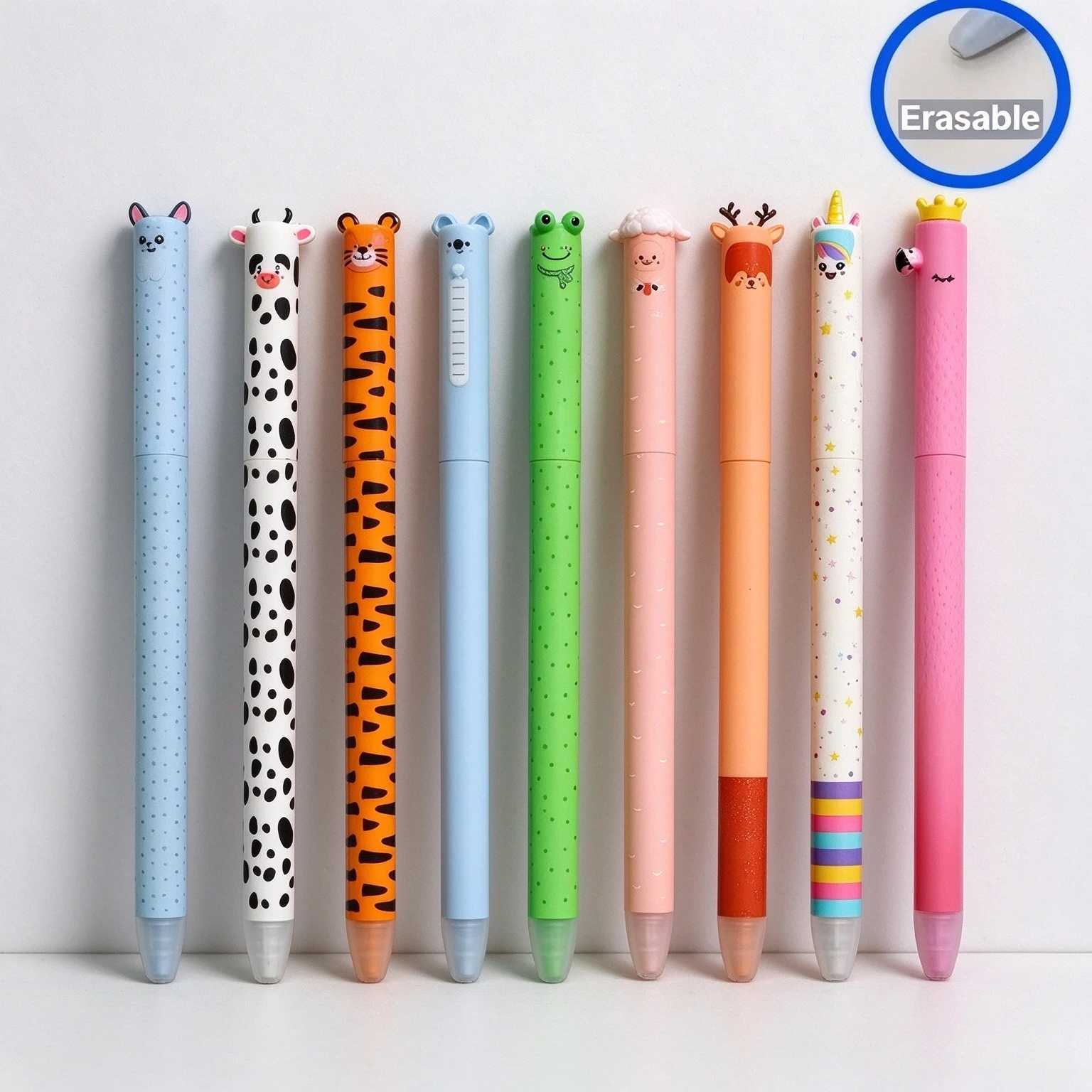 Kawaii Cartoon Animal Erasable Gel Pens Set of 9, Rotatable Design Cute Animal Figurine Erasable Pens,Office Desktop Stationery