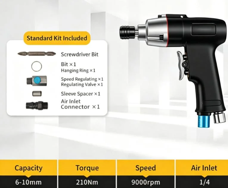Industrial Pneumatic Screwdriver 210Nm 9000RPM 1/4 Inch Air Drill Tool For Woodworking Metal Fastening Assembly Kit