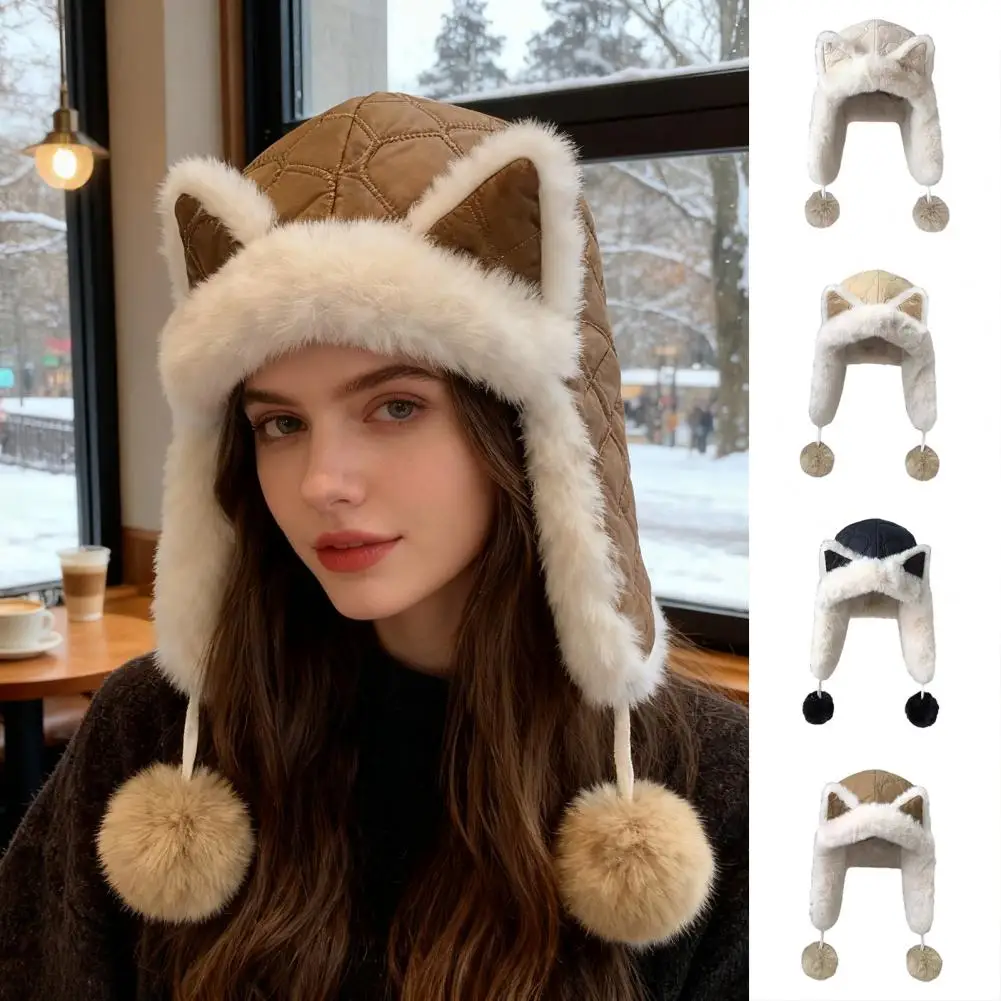 Lei Feng Hat Soft Plush Fox Ear Design Warm Imitation Rex Rabbit Fur Velvet Lined Adjustable Elastic Fit Riding Hat Headwear