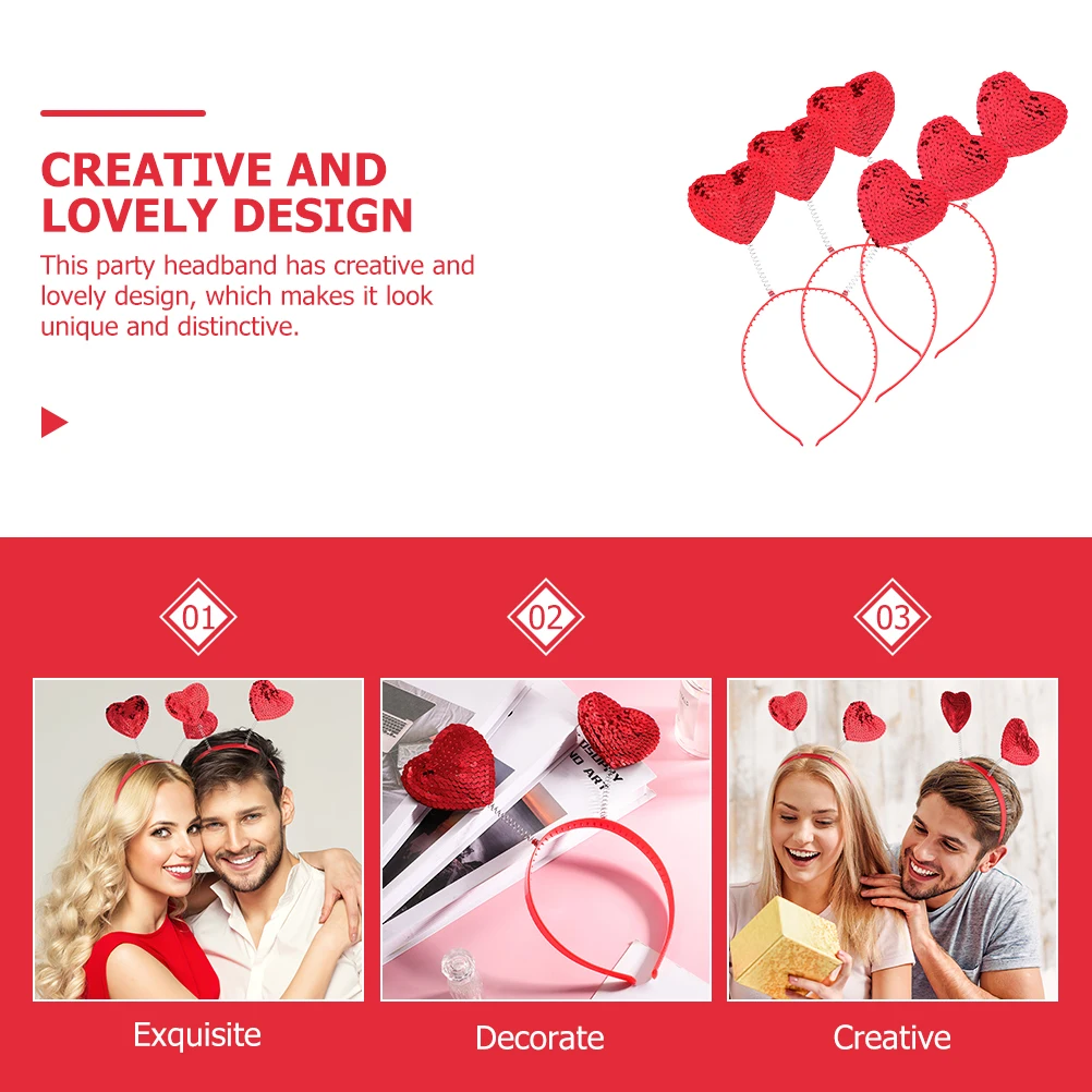 

3Pcs Red Love Heart Headband Sequins Heart Hair Hoops Wedding Party Birthday Valentine's Day Decorative Hairband