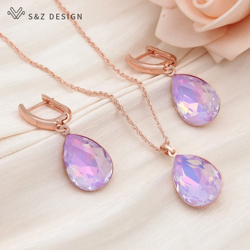 S&Z DESIGN New Fashion Classic 585 Rose Gold Color Water Drop Crystal Dangle Earrings Jewelry Sets For Women Wedding Necklace