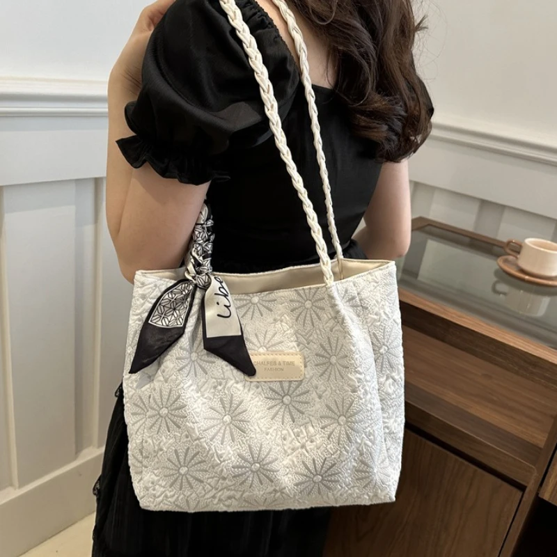 Soft Tote Bag with Braided Handle Silk Scarf ,Elegant Large Capacity Shoulder Bags for Women Daily Office Dating Casual Outfits