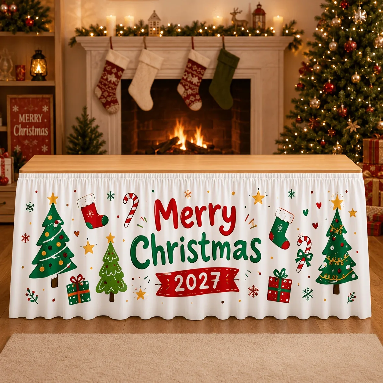 1 piece of tablecloth, Merry Christmas 2027, Christmas tree socks, candy bars, gift box, snowflakes, starsxzj