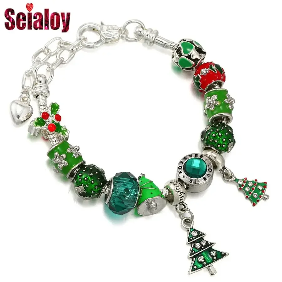 

Seialoy Green Beads Christmas Tree Charm Bracelets For Women Diy Reindeer Beads Silver Color Bangles