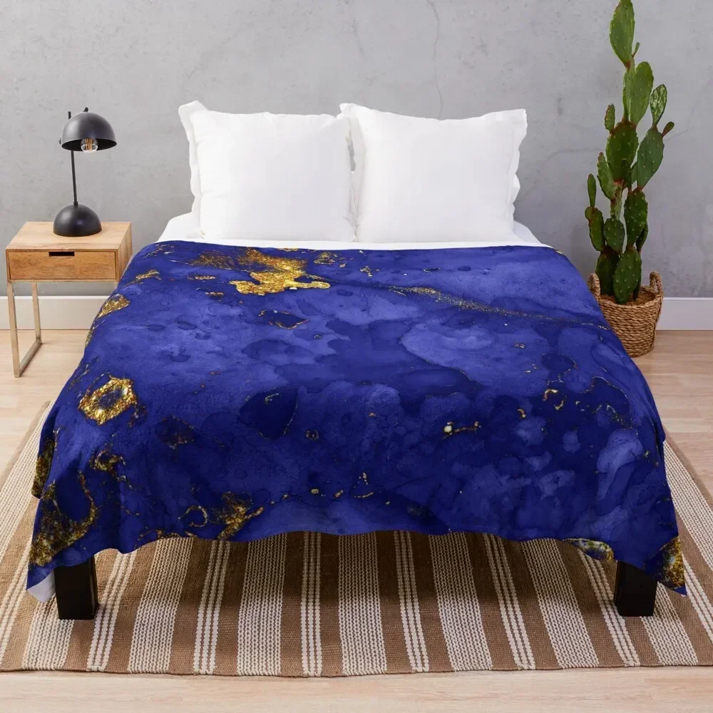 

Indigo Blue and Gold veined Faux Marble Throw Blanket Cozy Warm Blanket for Bed Room Decor