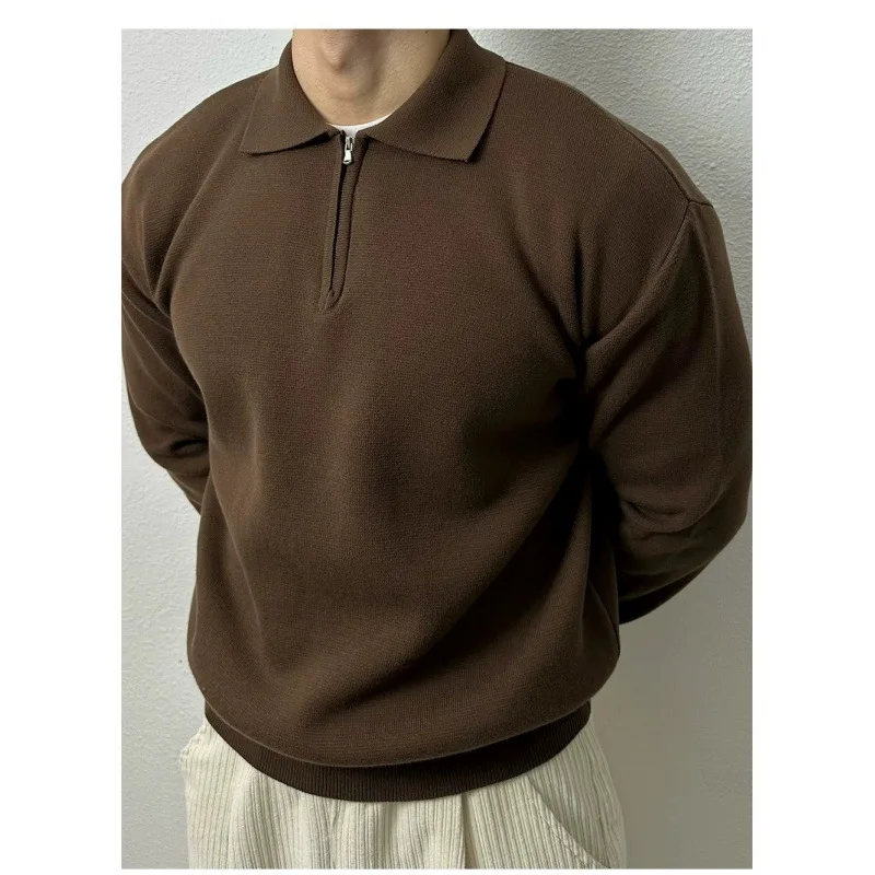 New Men's Long Sleeve Pullover Solid Color Half Zipper Sweaters V-neck Knitted Sweater Men Oversized Breathable Streetwear